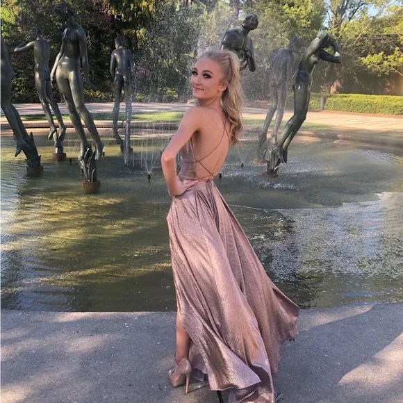 slim fit dress slacks Zapaka Women Rose Gold Prom Dress Mermaid Beaded Ruched Sequin Corset Evening Dress with Side Slit, Golden / UK8 main image 0